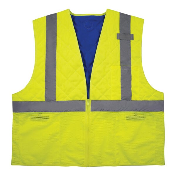 A yellow reflective vest with blue lining.