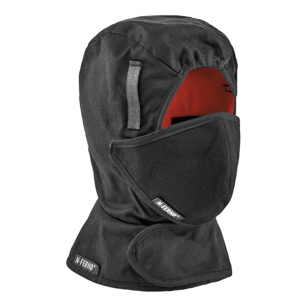 An Ergodyne black 2-layer ski mask with red lining.