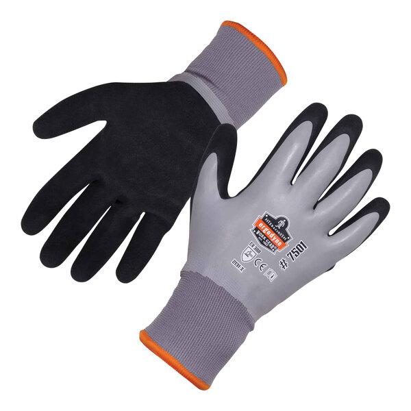 A pair of gray Ergodyne ProFlex winter work gloves with orange and black tips on a white background.