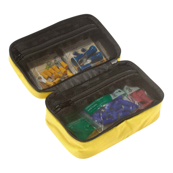 A yellow and black bag with various tools inside.