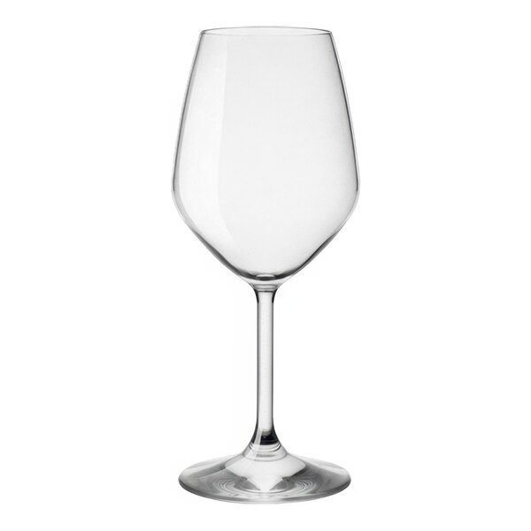 A close-up of a Bormioli Rocco white wine glass with a stem.