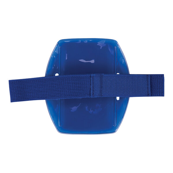 A blue vinyl arm band with a buckle strap.