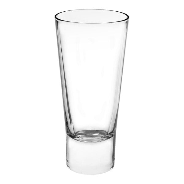 A clear Bormioli Rocco Ypsilon long drink glass.