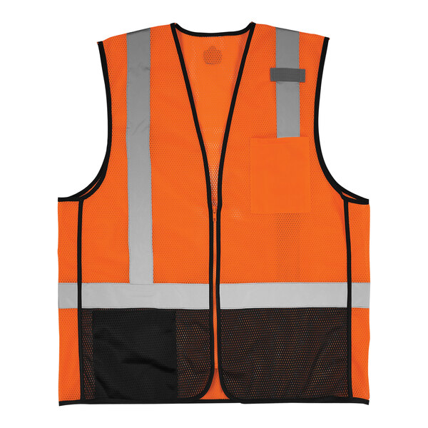 An Ergodyne high visibility orange mesh vest with black front panel and reflective stripes.