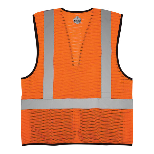 An orange mesh vest with black front panel and reflective stripes.