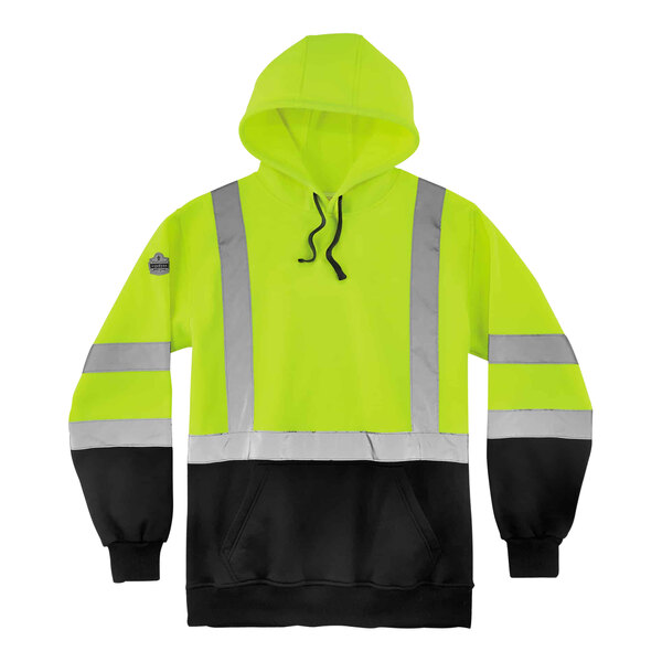 A lime green Ergodyne hooded sweatshirt with black front panel and reflective stripes.