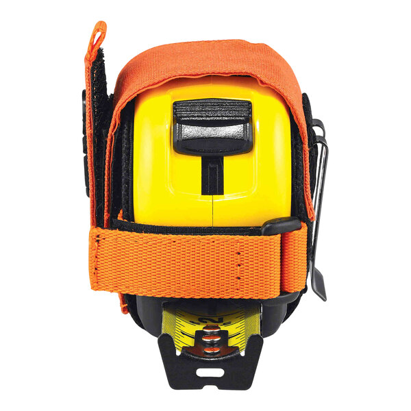 An orange Ergodyne tape measure holder with belt clip.