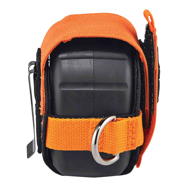 An Ergodyne large orange tape measure holder with black accents and a belt clip.