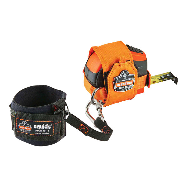 An Ergodyne large orange tape measure holder with a belt clip.