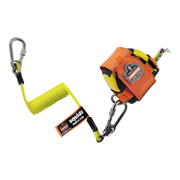 An orange Ergodyne Squids tape measure holder with a yellow strap and belt clip.