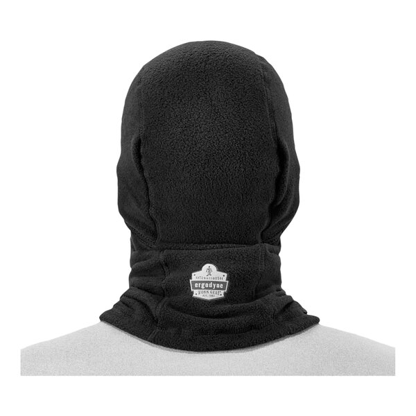 The back of a black Ergodyne N-Ferno hinged fleece face mask with a white logo.