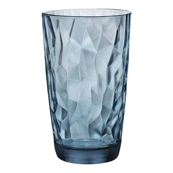 A clear Bormioli Rocco cooler glass with a blue diamond pattern.