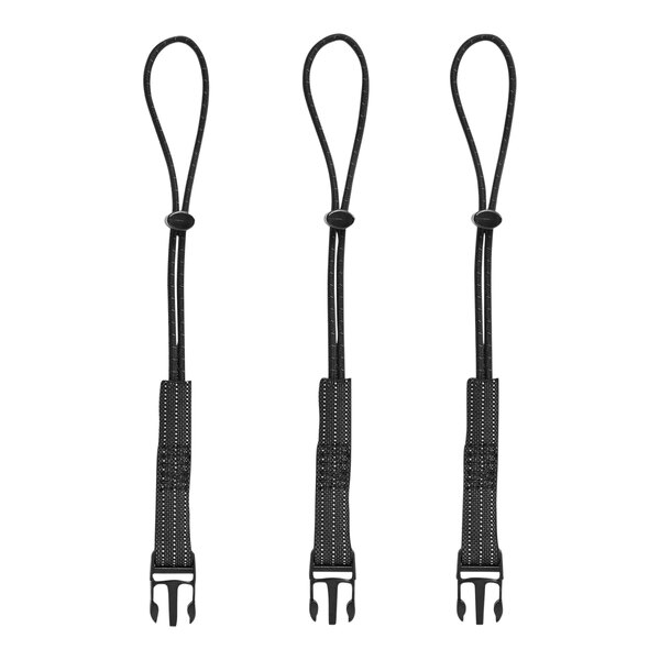 Three black leather Ergodyne Squids wrist lanyard straps with a white background.