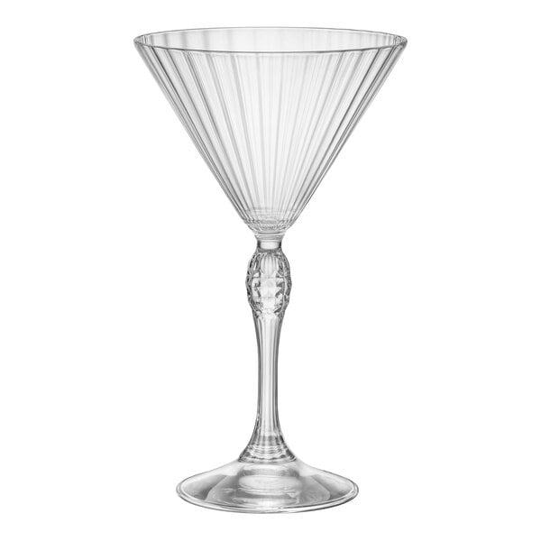 A close-up of a Bormioli Rocco martini glass with a rippled stem.