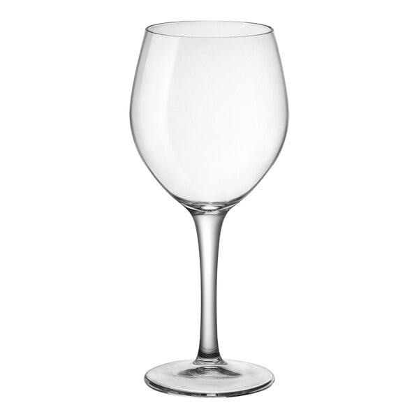 A close-up of a clear Bormioli Rocco Kalix wine glass with a stem.