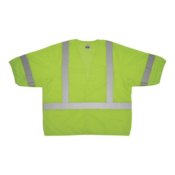 A yellow high visibility mesh vest with lime reflective stripes and tape.