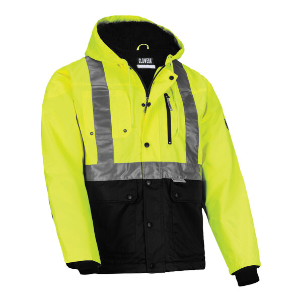 A yellow and black Ergodyne GloWear workwear jacket with reflective stripes and a black front panel.