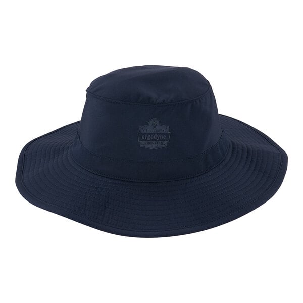 A navy Ergodyne bucket hat with a logo on it.