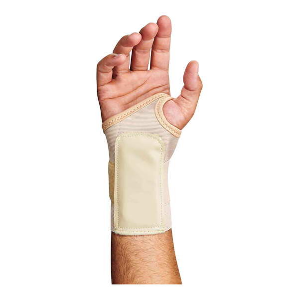 A hand wearing an Ergodyne ProFlex wrist brace.