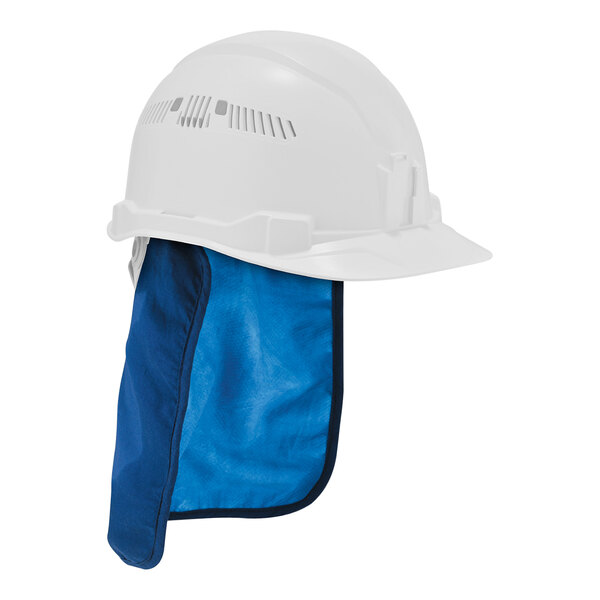 A white hard hat with a blue cooling pad on it.