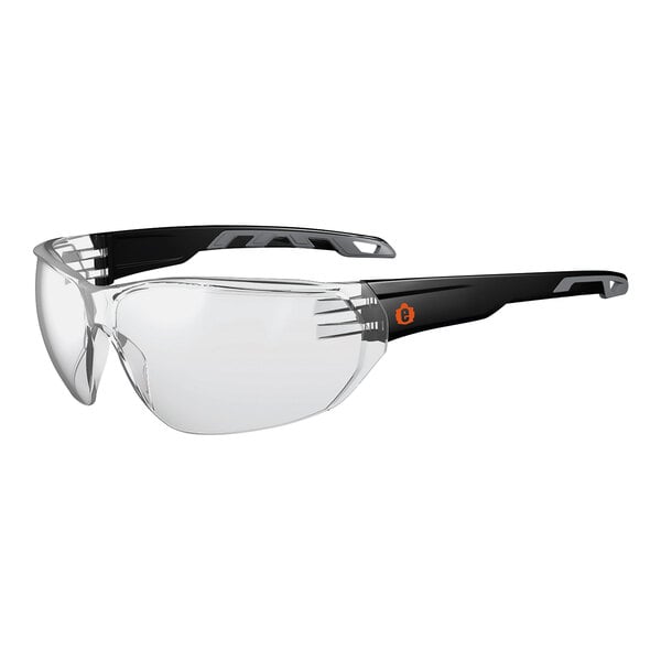 A pair of Ergodyne Skullerz safety glasses with clear lenses and black frame.
