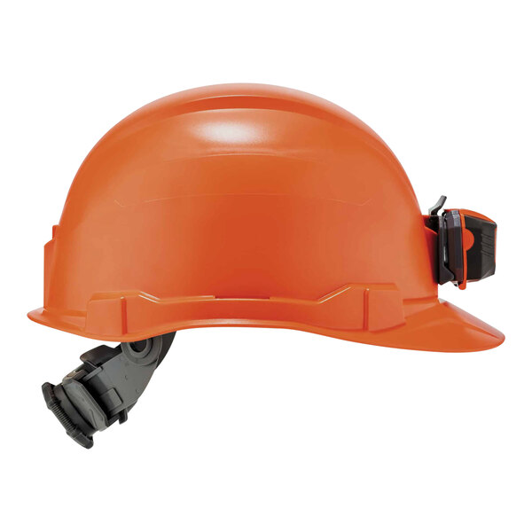 An orange Ergodyne Skullerz hard hat with black and grey straps.