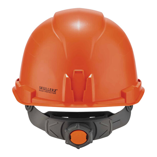 An orange Ergodyne hard hat with a black strap and LED light.