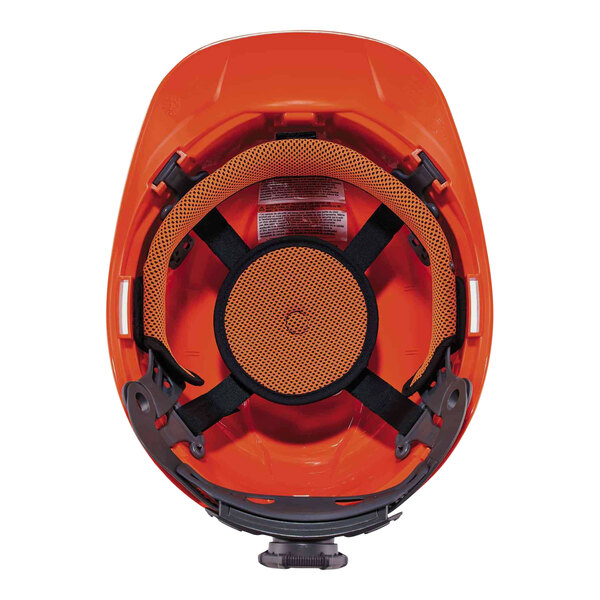 An orange Ergodyne hard hat with black straps.