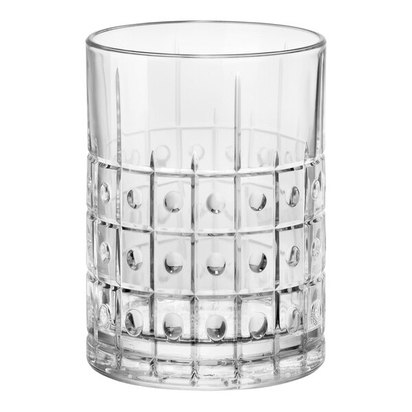 A clear Bormioli Rocco Este rocks glass with a pattern.