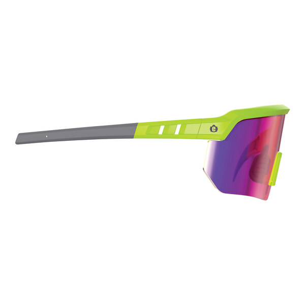 Ergodyne Skullerz AEGIR safety glasses with a lime green frame and purple lens.
