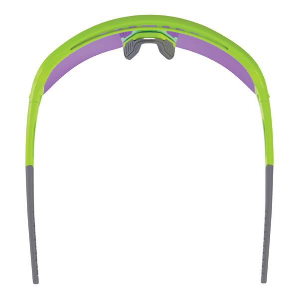 A pair of Ergodyne Skullerz AEGIR safety glasses with lime frames and purple mirrored lenses on a white background.