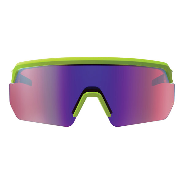 Ergodyne Skullerz AEGIR Safety Glasses with Lime Frame and Purple Mirrored Lenses. A pair of safety glasses with a lime green frame and purple mirrored lenses.