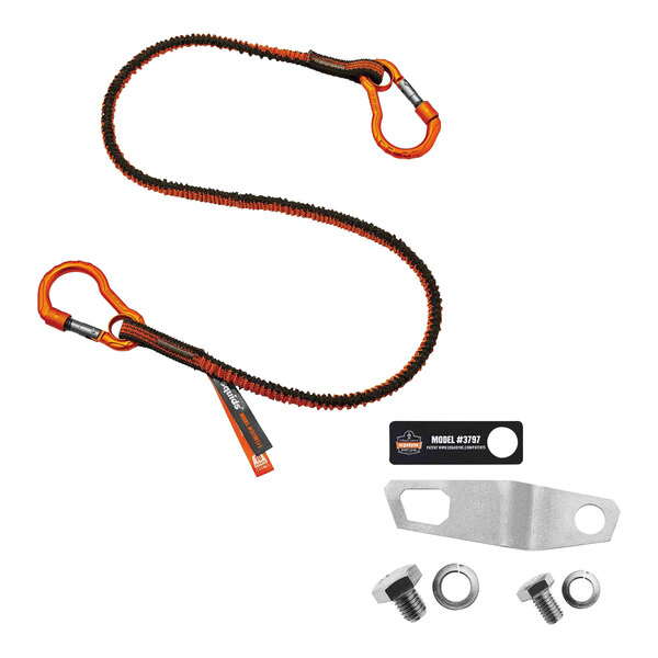 An orange and black tool tether kit with a strap and a screw.