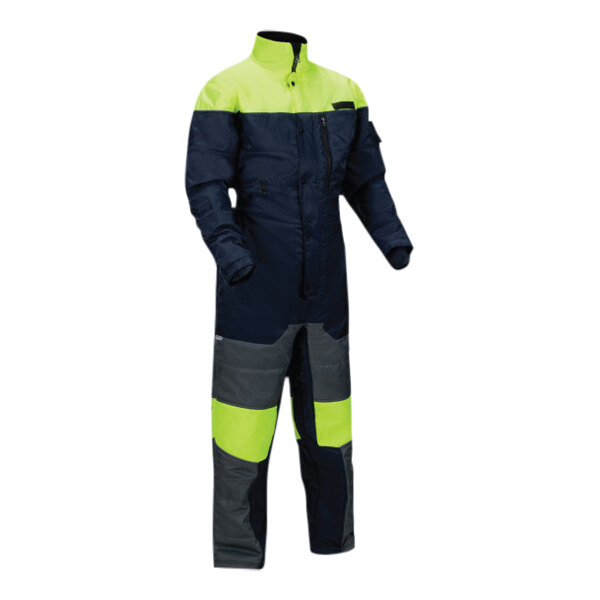 A navy blue and hi-vis yellow work suit with reflective accents and stripes.