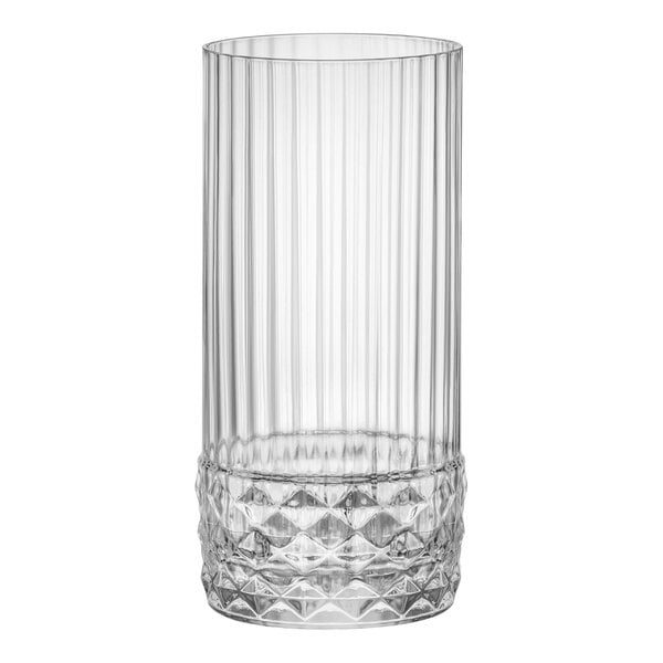 A close up of a Bormioli Rocco America cooler glass with a diamond pattern.