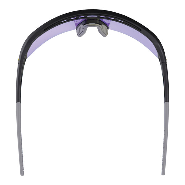 A close up of Ergodyne Skullerz safety glasses with a matte black frame and blue mirrored lenses.