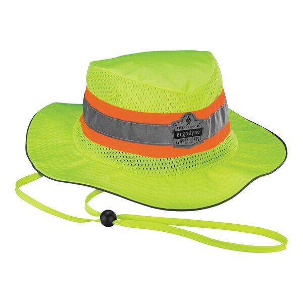 An Ergodyne lime green high visibility sun hat with a black strap and reflective stripes.
