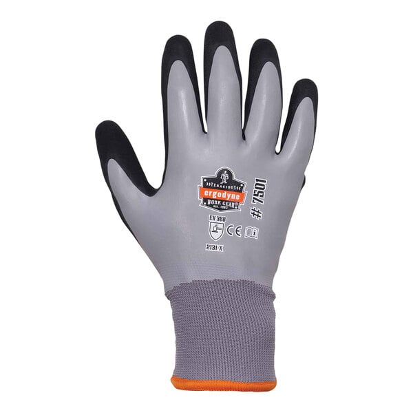 A gray and black Ergodyne ProFlex winter work glove with a Sandy Nitrile palm.