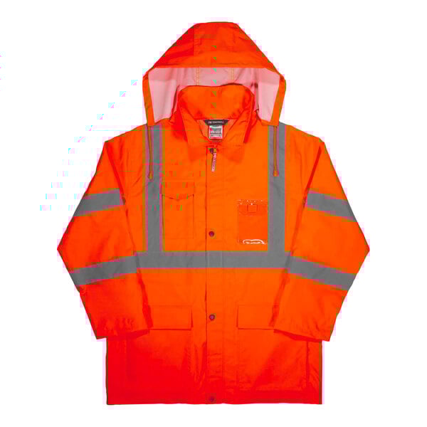 An Ergodyne hi-vis orange rain jacket with grey reflective stripes.