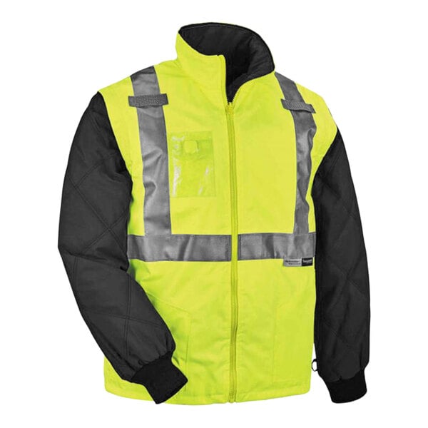 A yellow and black Ergodyne hi-vis winter jacket with reflective stripes.