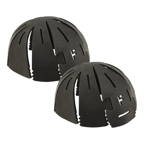 Two black Ergodyne Skullerz bump cap inserts with holes in them.