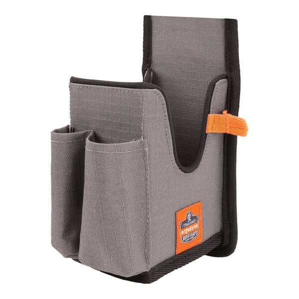 A grey and black Ergodyne Squids holster with orange accents and two compartments.