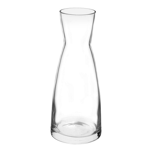 A Bormioli Rocco clear glass carafe filled with a small amount of liquid.