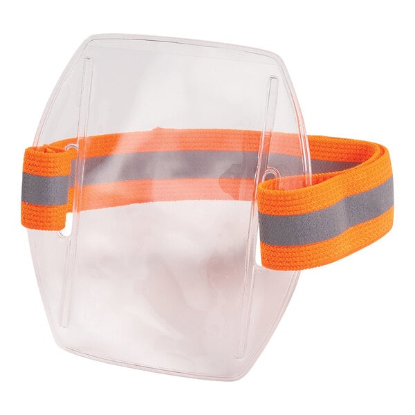 An orange vinyl arm band with reflective stripes and a clear face shield.