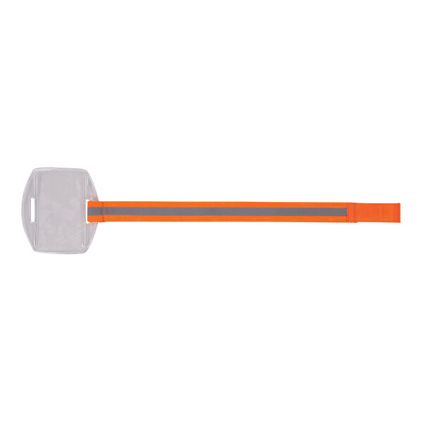 An Ergodyne orange vinyl armband with an orange and grey striped tag holder.