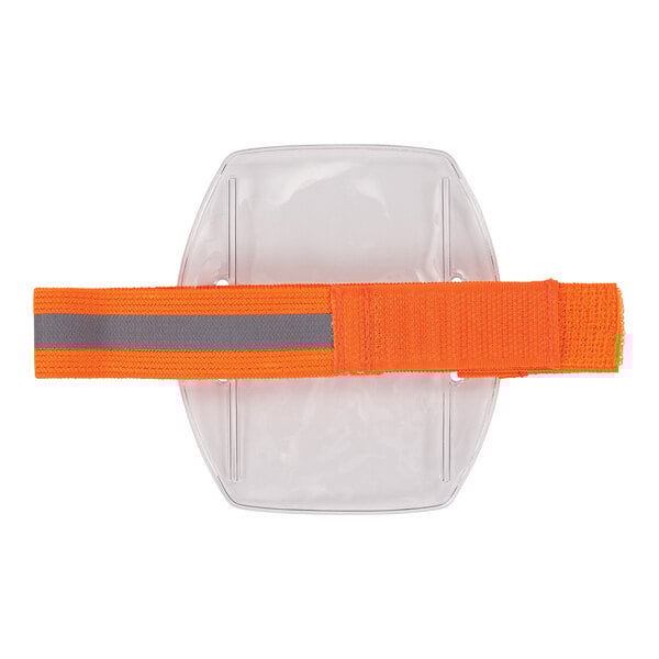 An orange and white vinyl arm band with a reflective stripe.