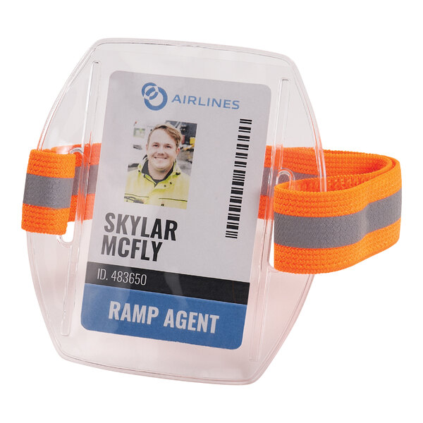 An Ergodyne Squids Hi-Vis orange arm band with an ID card attached.