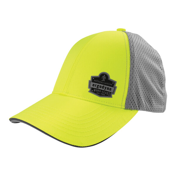 A yellow and grey Ergodyne hi-vis hat with a mesh back.