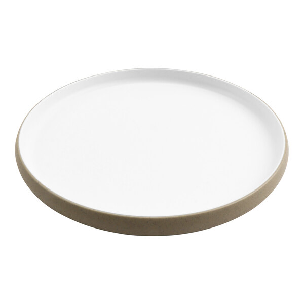 A white cheforward melamine plate with a brown rim.