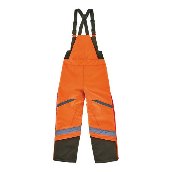Ergodyne high visibility orange and black insulated bib overalls.